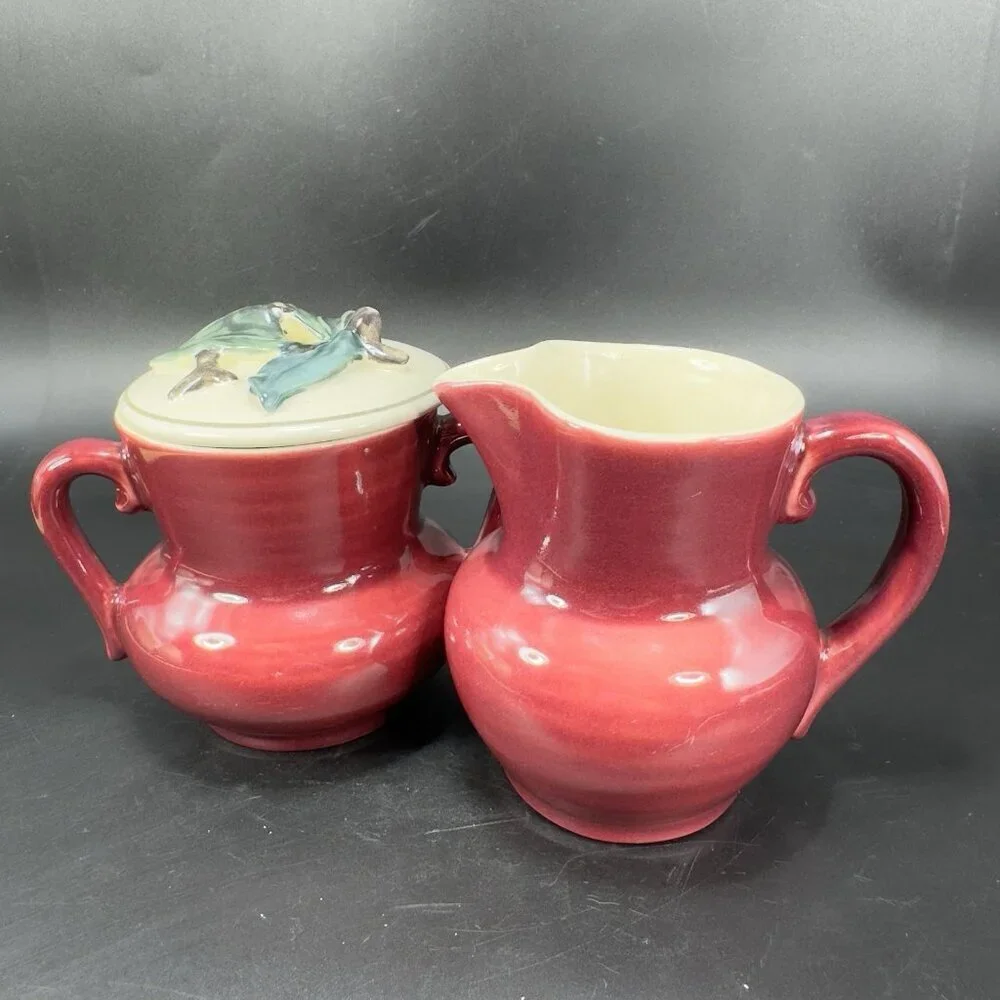 1940s Red Wing Normandy Pottery Burgundy‎ Sugar And Creamer Set 2 With Lid VTG
